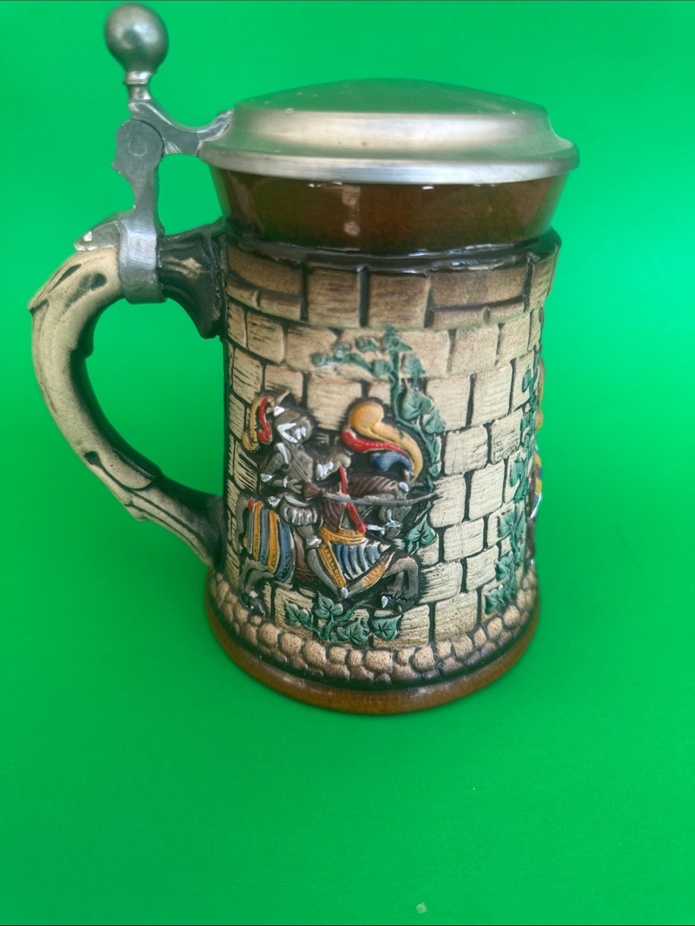CeramicGerman medieval Knight Stein with Pewter Lid - Brown and Beige